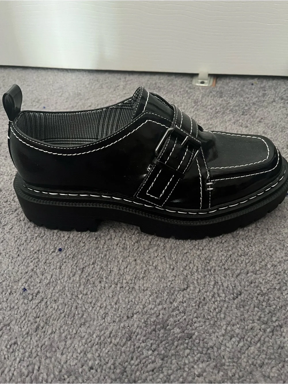 Circus by Sam Edelman Black Patent Platform Loafers with White Stitching